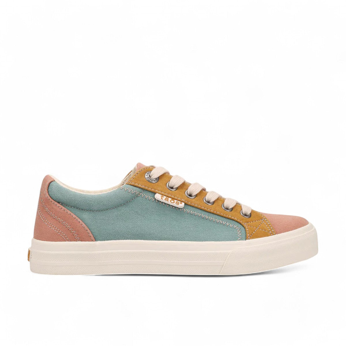 Taos Plim Soul canvas sneakers in beach multi featuring arch support and a thick rubber platform sole. Photo of outside side view.