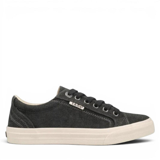 Taos Plim Soul charcoal wash canvas sneaker with a thick white rubber platform sole and lace-up closure. Photo of outside side view.