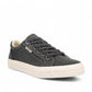 Taos Plim Soul charcoal wash canvas sneaker with a thick white rubber platform sole and lace-up closure. Photo of front view.