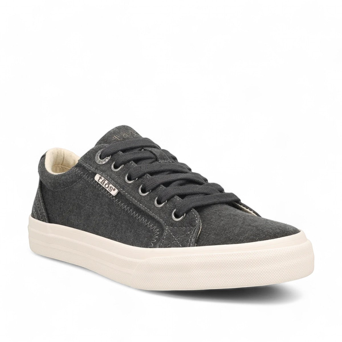 Taos Plim Soul charcoal wash canvas sneaker with a thick white rubber platform sole and lace-up closure. Photo of front view.