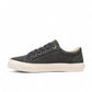 Taos Plim Soul charcoal wash canvas sneaker with a thick white rubber platform sole and lace-up closure. Photo of inside side view.