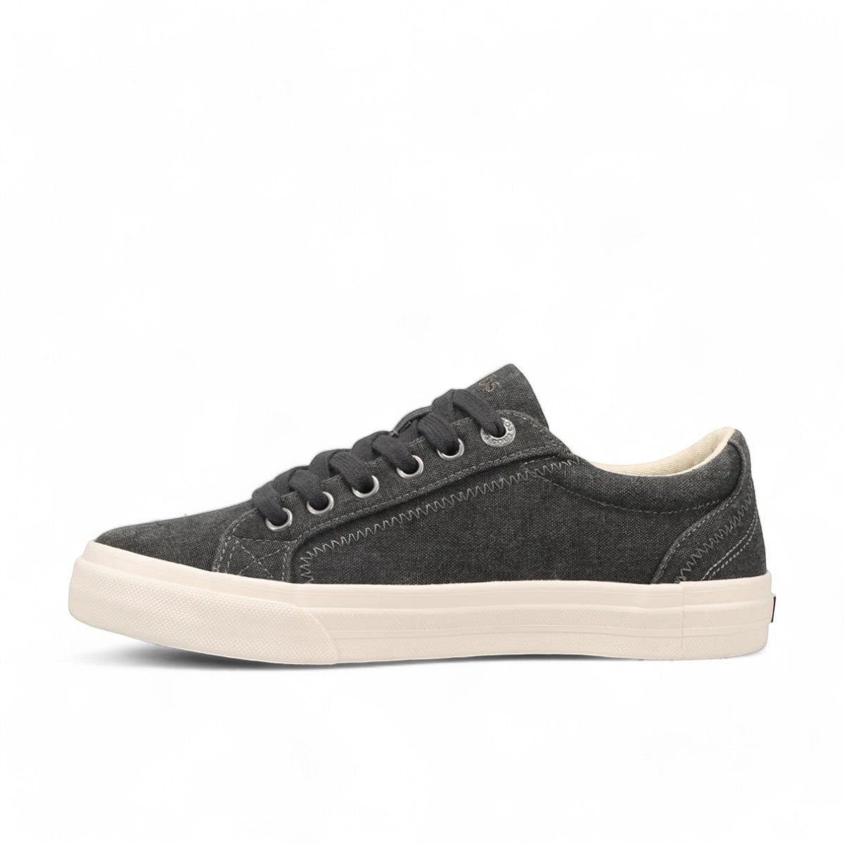 Taos Plim Soul charcoal wash canvas sneaker with a thick white rubber platform sole and lace-up closure. Photo of inside side view.