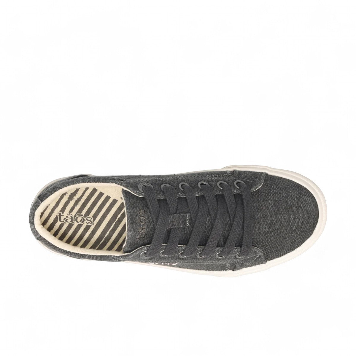 Taos Plim Soul charcoal wash canvas sneaker with a thick white rubber platform sole and lace-up closure. Photo of upper view.