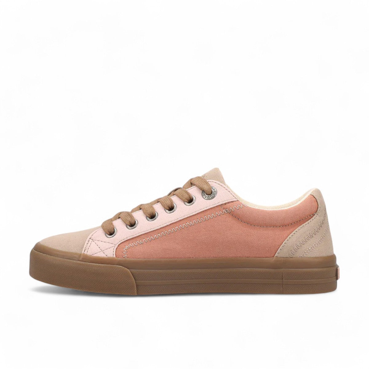 Taos Plim Soul canvas sneaker in desert multi featuring a thick rubber platform and lace-up closure. Photo of inside side view.