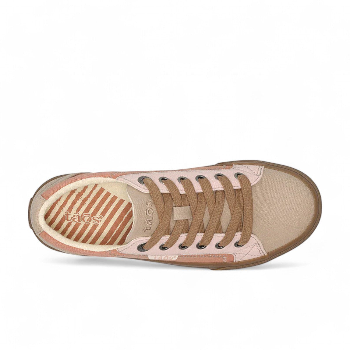 Taos Plim Soul canvas sneaker in desert multi featuring a thick rubber platform and lace-up closure. Photo of upper view.