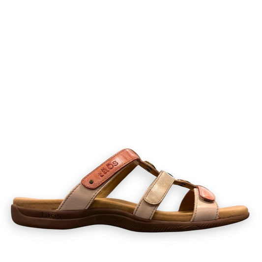 Taos Prize 4 multi-coloured leather slide sandals with adjustable hook and loop straps and arch support. Photo of  outside side view.