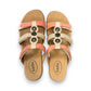 Taos Prize 4 multi-coloured leather slide sandals with adjustable hook and loop straps and arch support. Photo of upper view.