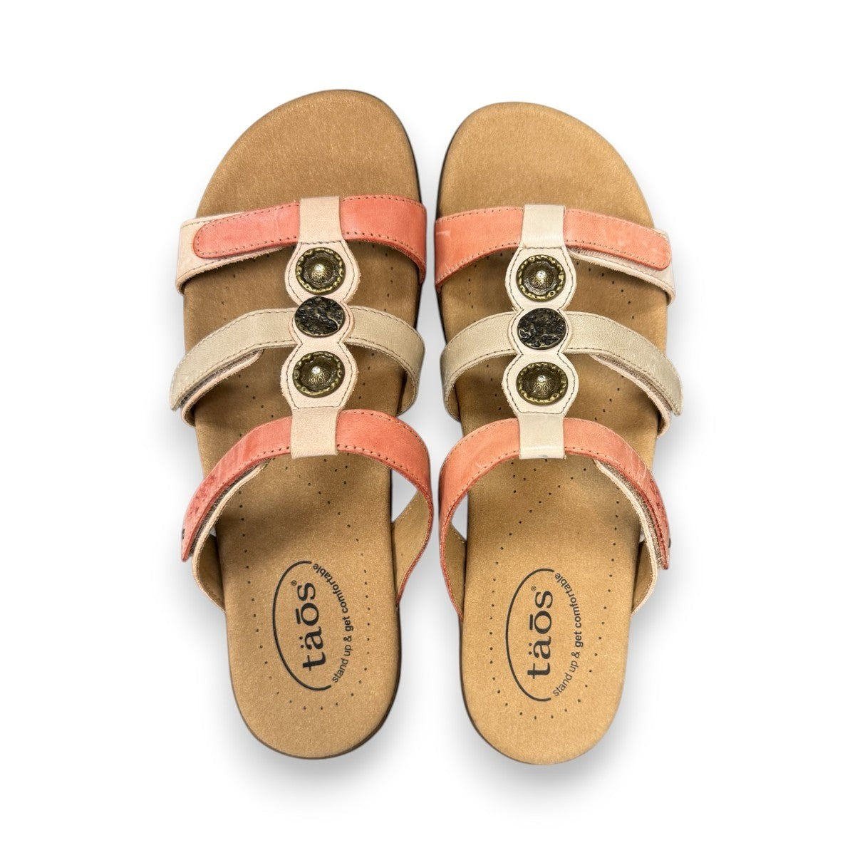 Taos Prize 4 multi-coloured leather slide sandals with adjustable hook and loop straps and arch support. Photo of upper view.
