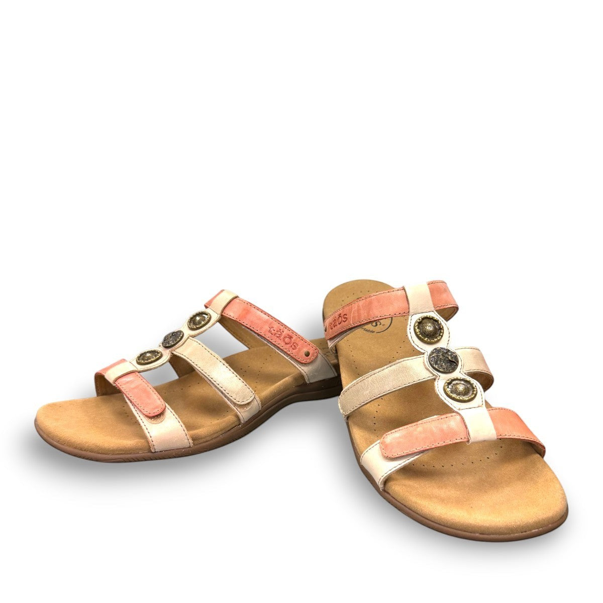 Taos Prize 4 multi-coloured leather slide sandals with adjustable hook and loop straps and arch support. Photo of front view.