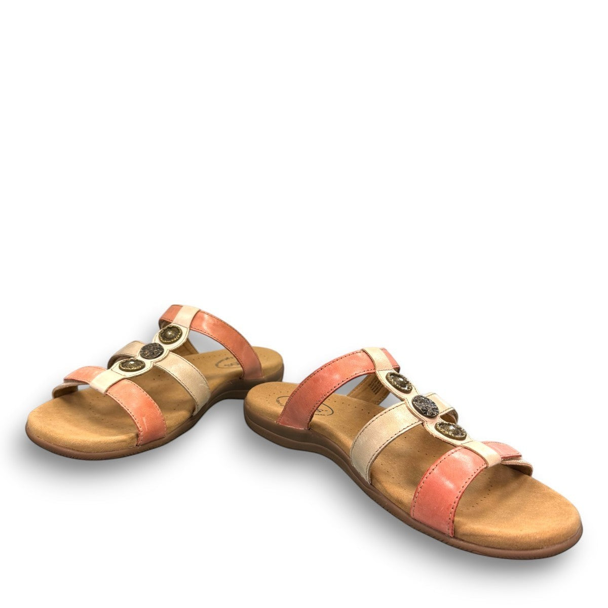 Taos Prize 4 multi-coloured leather slide sandals with adjustable hook and loop straps and arch support. Photo of front view 2.