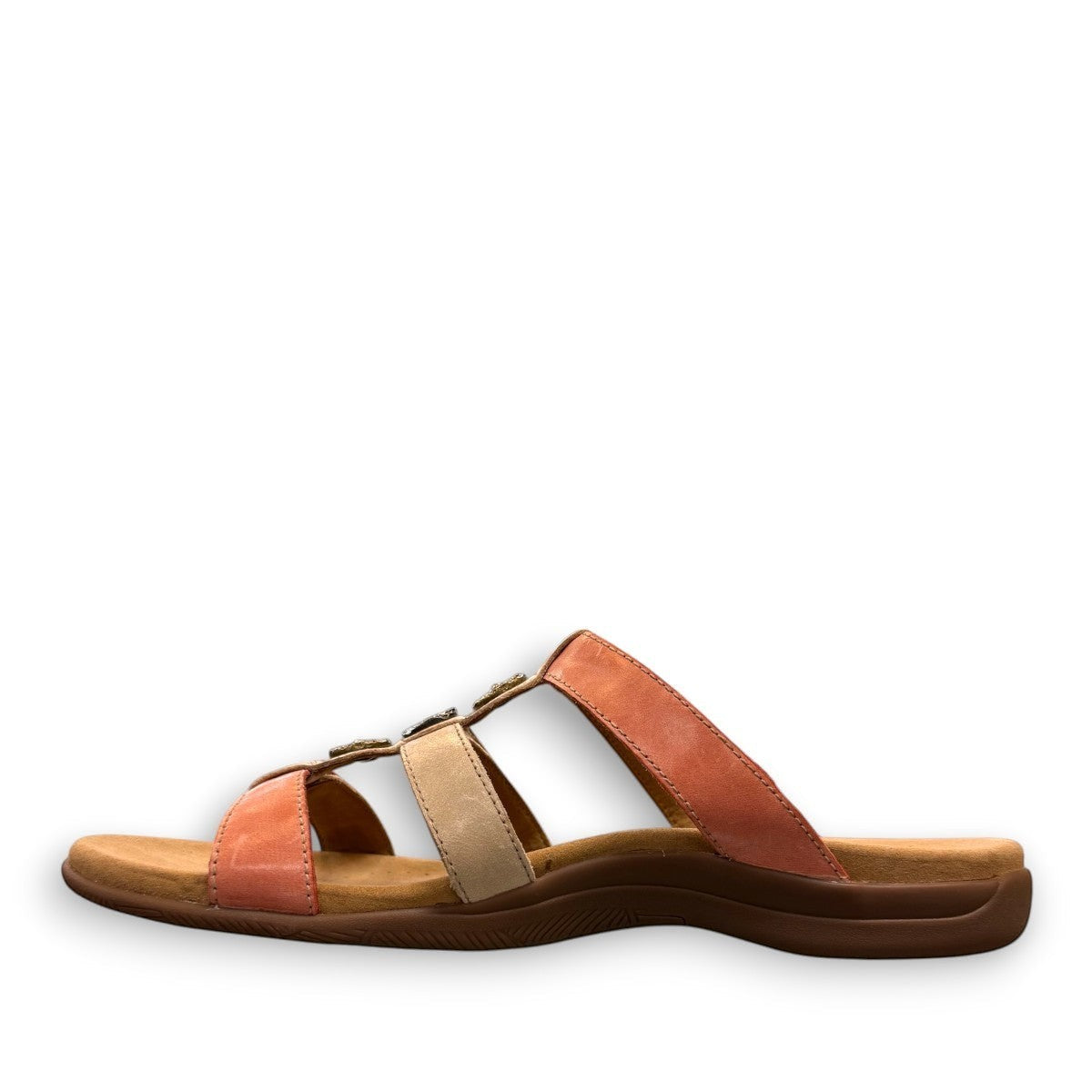 Taos Prize 4 multi-coloured leather slide sandals with adjustable hook and loop straps and arch support. Photo of inside side view.