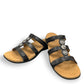 Taos Prize 4 black leather slide sandals with adjustable hook and loop straps and cushioned foot bed. Photo of front view.
