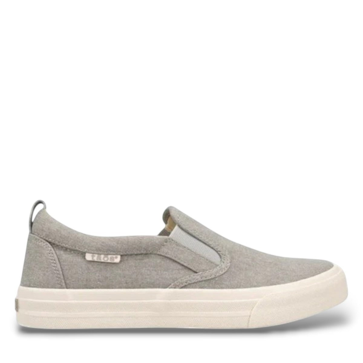 Sina Footwear Taos Rubber Soul gray wash canvas slip-on sneaker with platform rubber sole and elastic twin gore. Photo of outside side view.