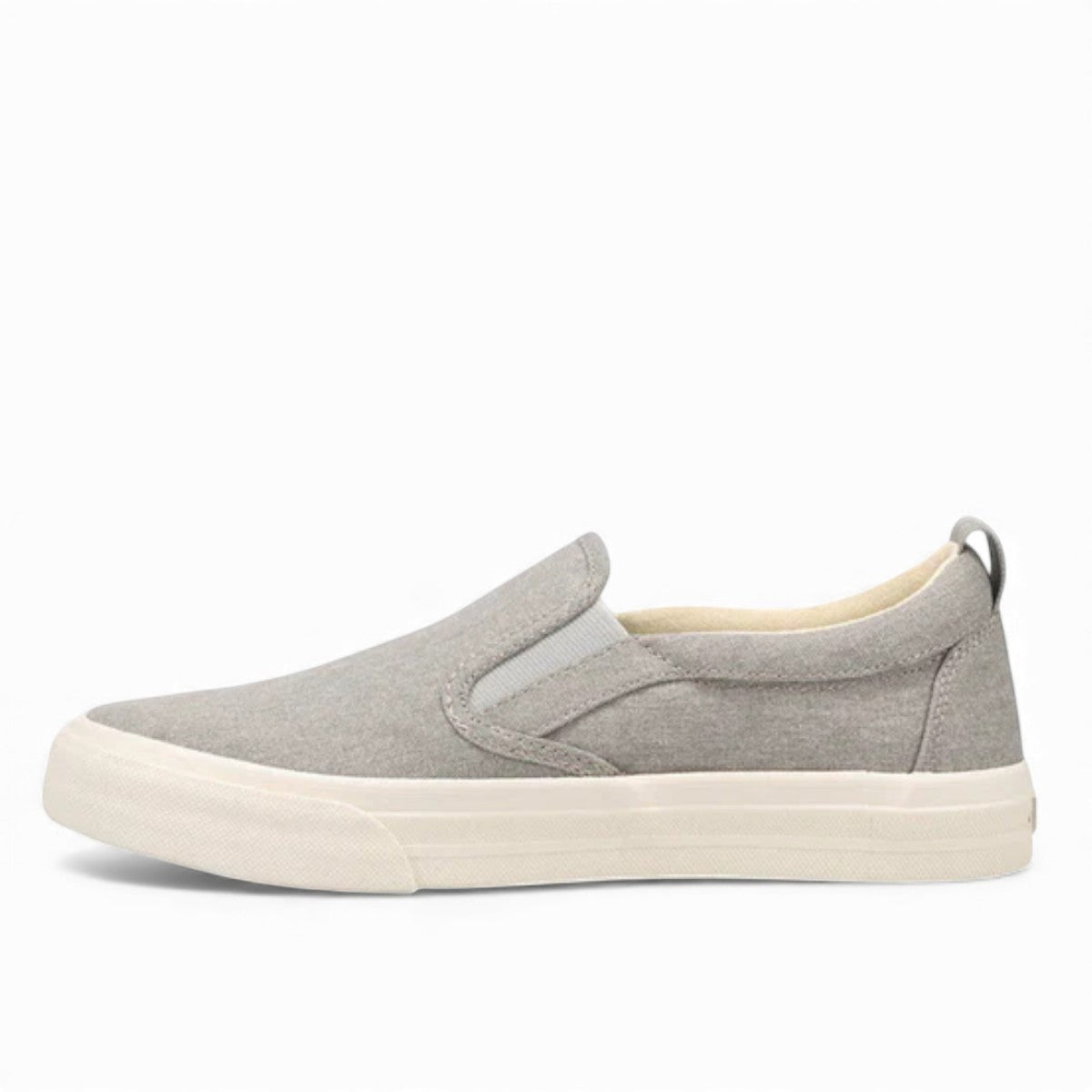 Sina Footwear Taos Rubber Soul gray wash canvas slip-on sneaker with platform rubber sole and elastic twin gore. Photo of inside side view.