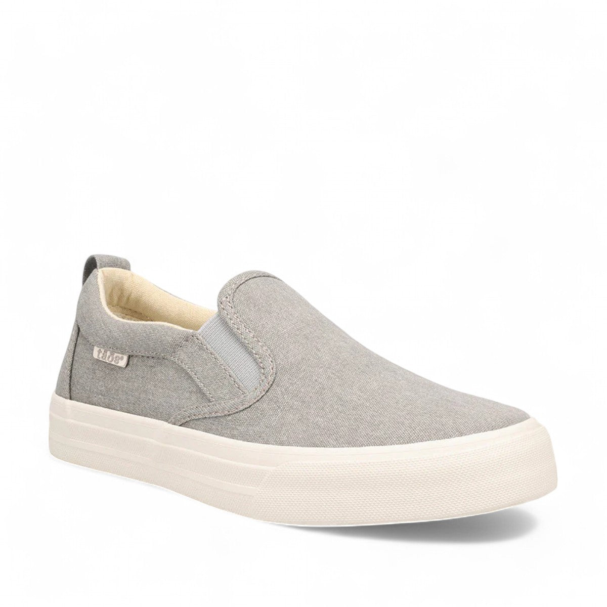 Sina Footwear Taos Rubber Soul gray wash canvas slip-on sneaker with platform rubber sole and elastic twin gore. Photo of front view.