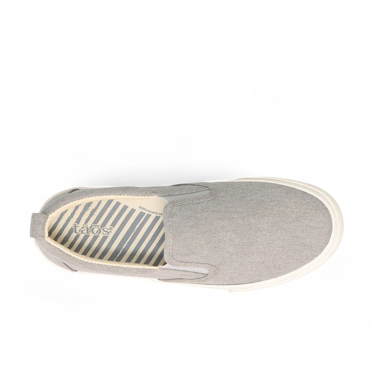 Sina Footwear Taos Rubber Soul gray wash canvas slip-on sneaker with platform rubber sole and elastic twin gore. Photo of upper view.