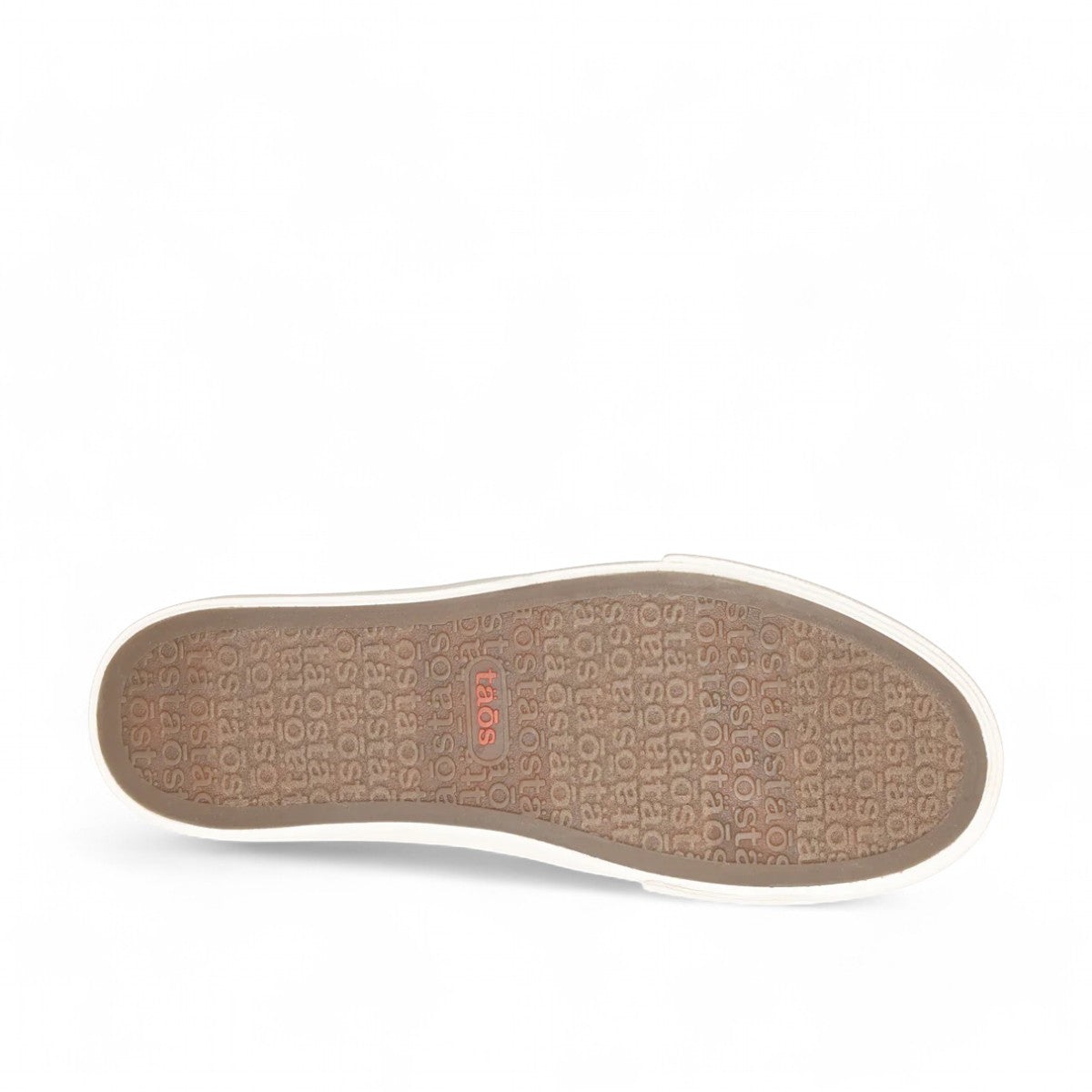 Taos Rubber Soul charcoal wash canvas slip-on sneaker with white platform rubber sole. photo of bottom view.