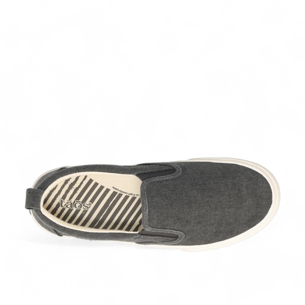 Taos Rubber Soul charcoal wash canvas slip-on sneaker with white platform rubber sole. Photo of upper view.