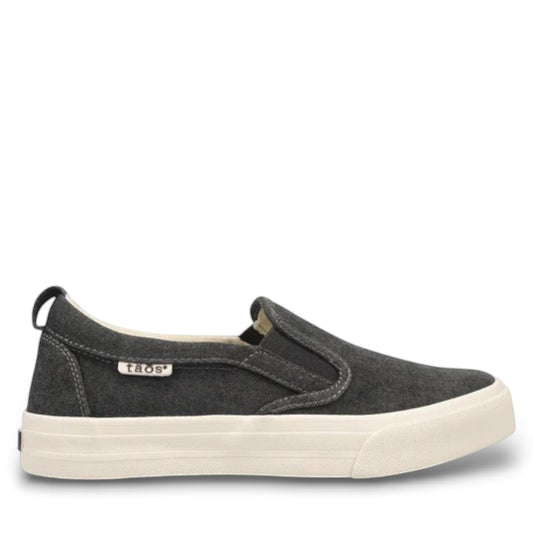 Taos Rubber Soul charcoal wash canvas slip-on sneaker with white platform rubber sole. Photo of outside side view.
