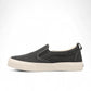 Taos Rubber Soul charcoal wash canvas slip-on sneaker with white platform rubber sole. Photo of inside side view.