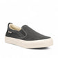 Taos Rubber Soul charcoal wash canvas slip-on sneaker with white platform rubber sole. Photo of front view.