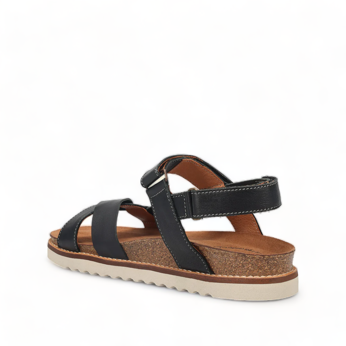 Taos Sideways black leather adjustable sandal with cork midsole and off-white EVA outsole. Photo of back view.