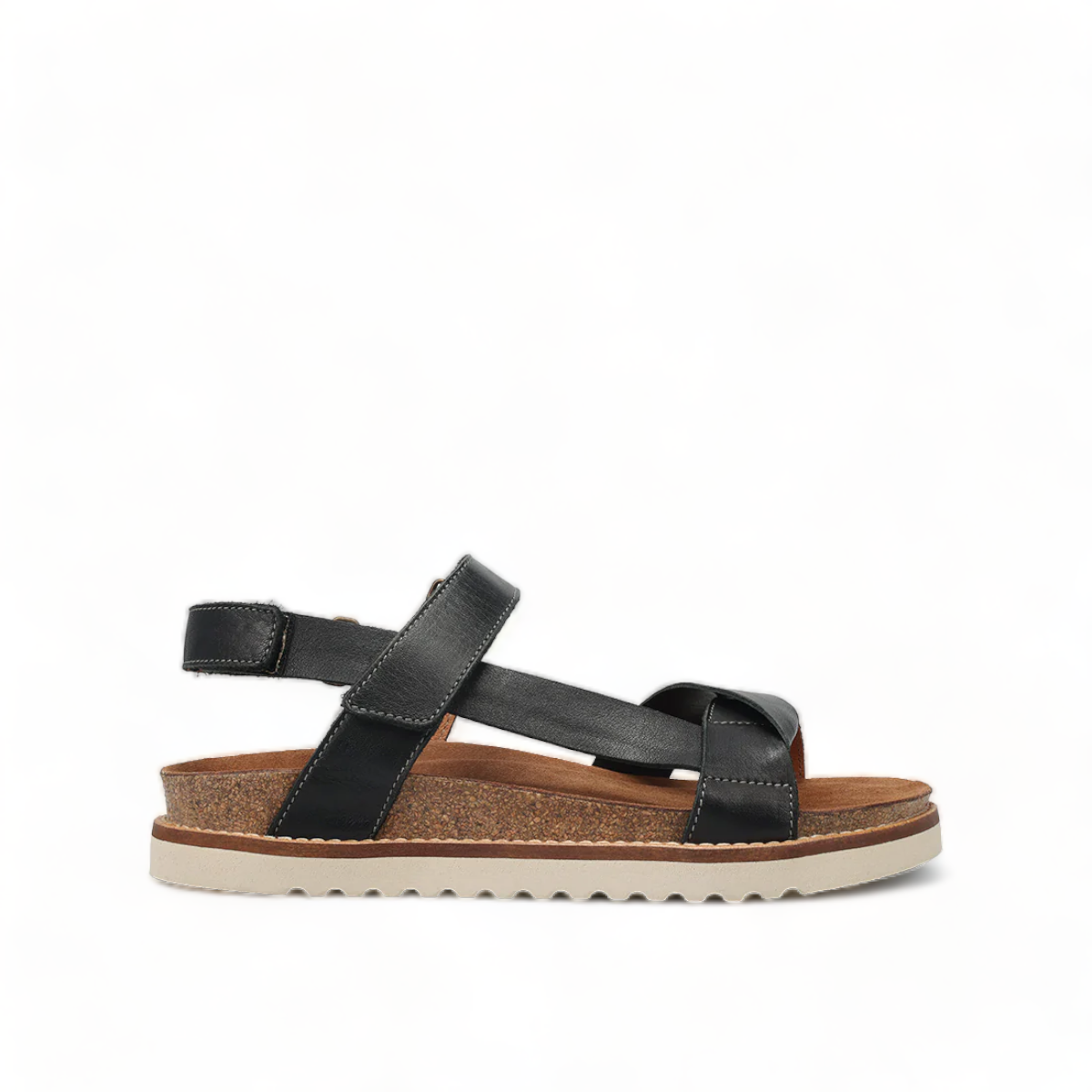 Taos Sideways black leather adjustable sandal with cork midsole and off-white EVA outsole. Photo of right side view.