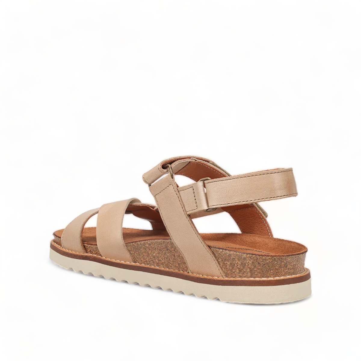 Taos Sideways stone leather adjustable sandals with cork midsole and off-white rubber outsole. Photo of back view.