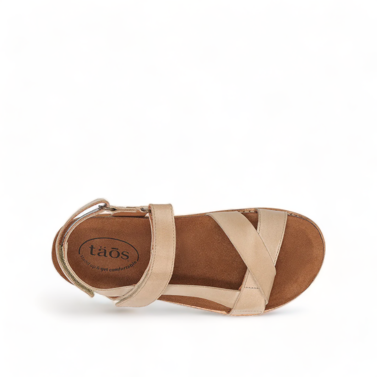 Taos Sideways stone leather adjustable sandals with cork midsole and off-white rubber outsole. Photo of upper view.
