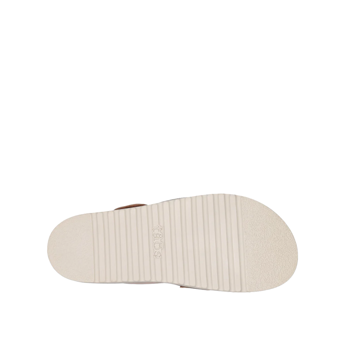 Taos Sideways stone leather adjustable sandals with cork midsole and off-white rubber outsole. Photo of bottom view.