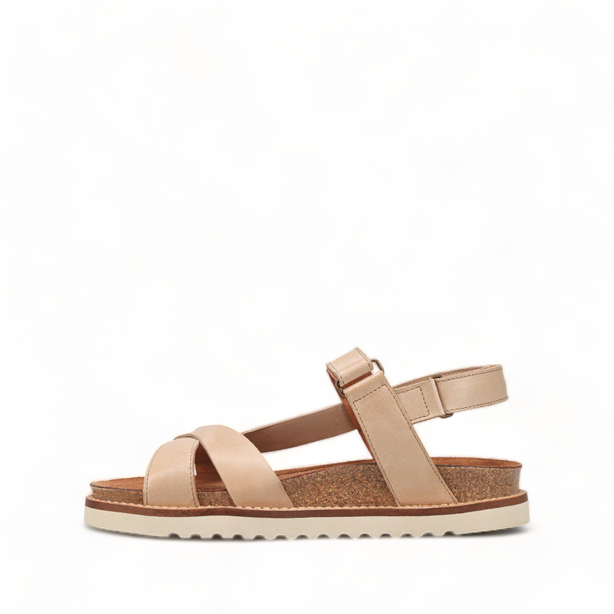 Taos Sideways stone leather adjustable sandals with cork midsole and off-white rubber outsole. Photo of outside side view.
