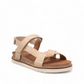 Taos Sideways stone leather adjustable sandals with cork midsole and off-white rubber outsole. Photo of front view.