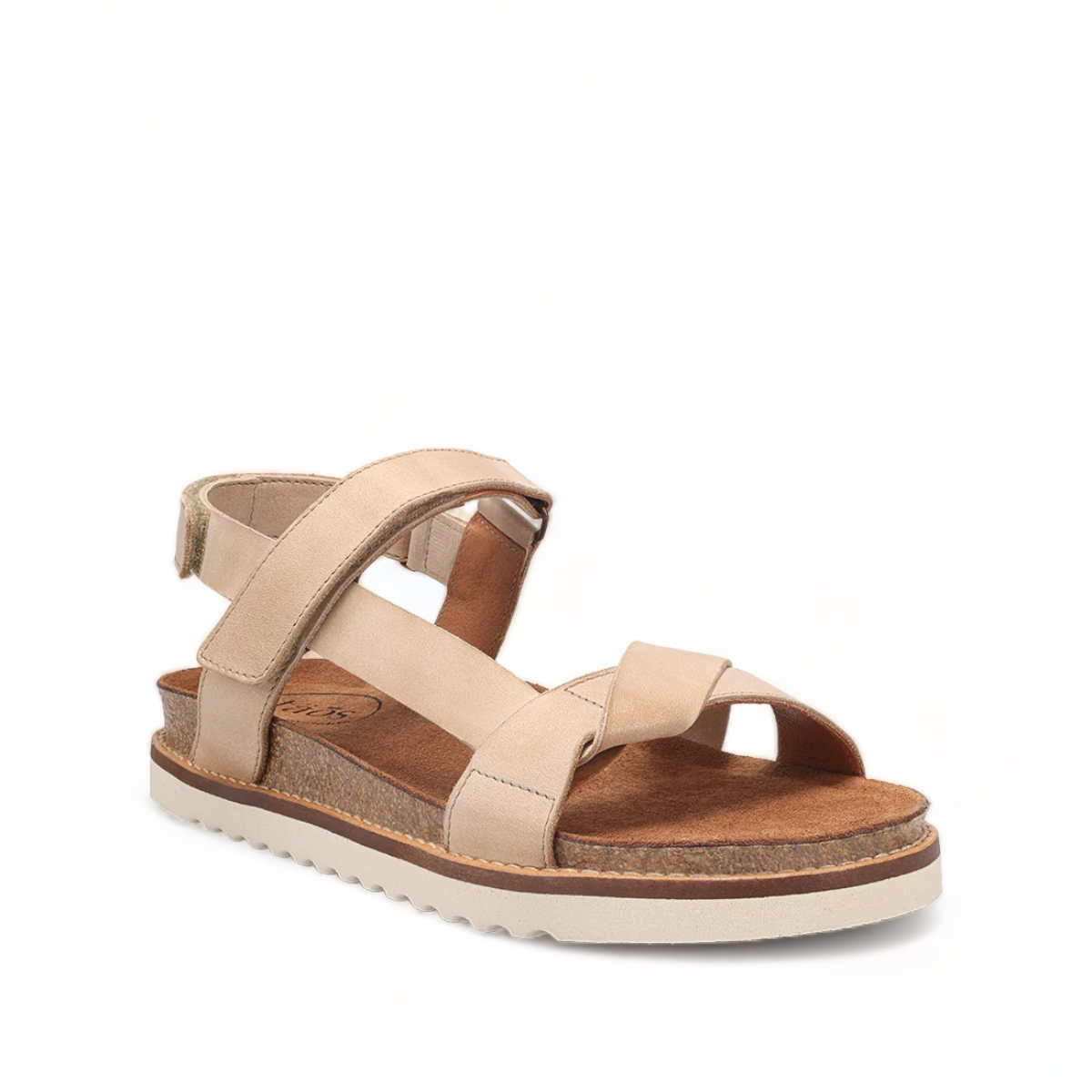 Taos Sideways stone leather adjustable sandals with cork midsole and off-white rubber outsole. Photo of front view.