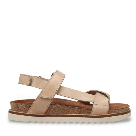 Taos Sideways stone leather adjustable sandals with cork midsole and off-white rubber outsole. Photo of inside side view.