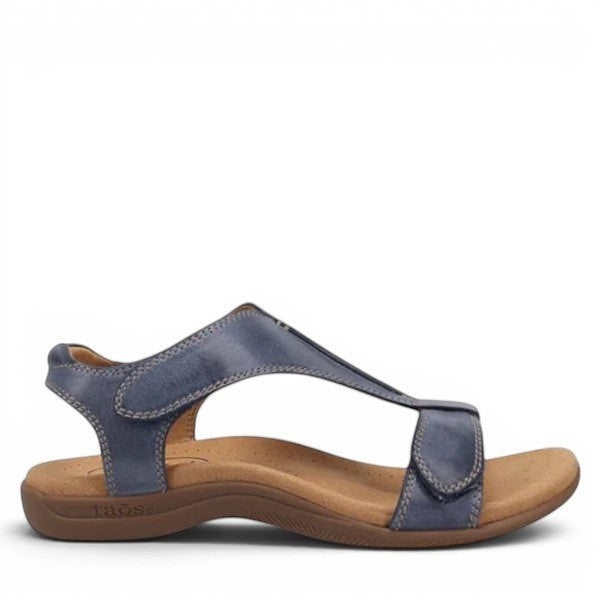 Taos The Show dark blue leather sandal with adjustable hook and loop straps and contrast stitching. Photo of side view.