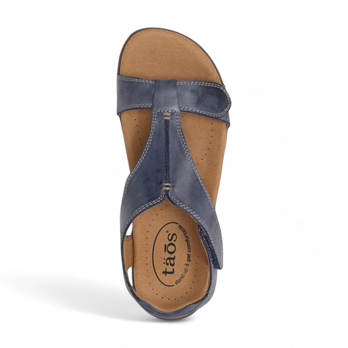 Taos The Show dark blue leather sandal with adjustable hook and loop straps and contrast stitching. Photo of upper view.