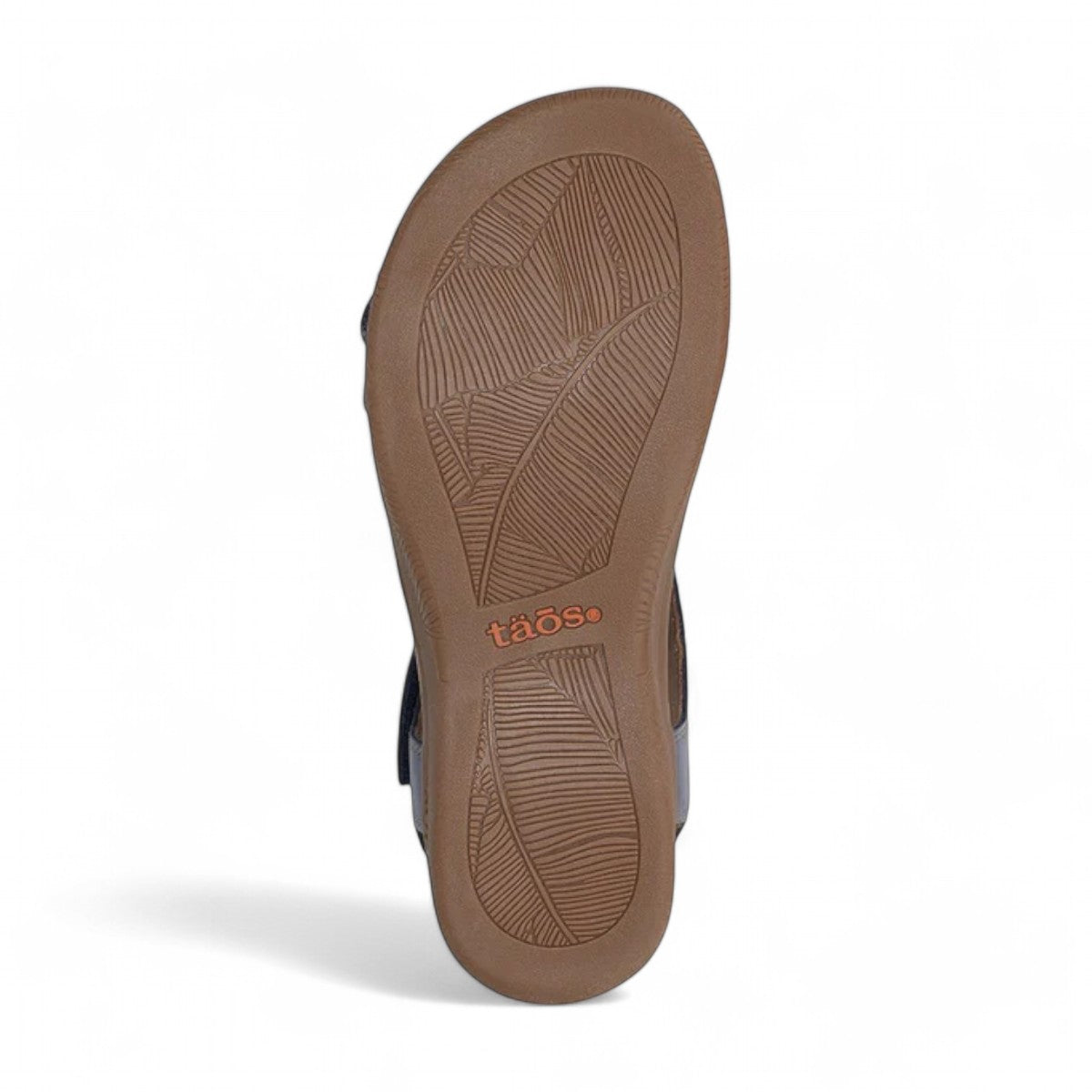 Taos The Show dark blue leather sandal with adjustable hook and loop straps and contrast stitching. Photo of bottom view.