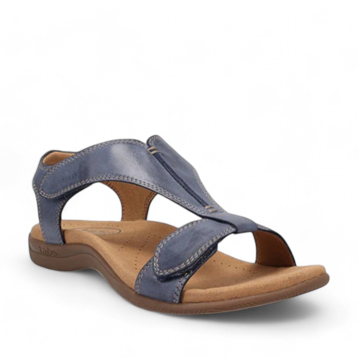 Taos The Show dark blue leather sandal with adjustable hook and loop straps and contrast stitching. Photo of front view.