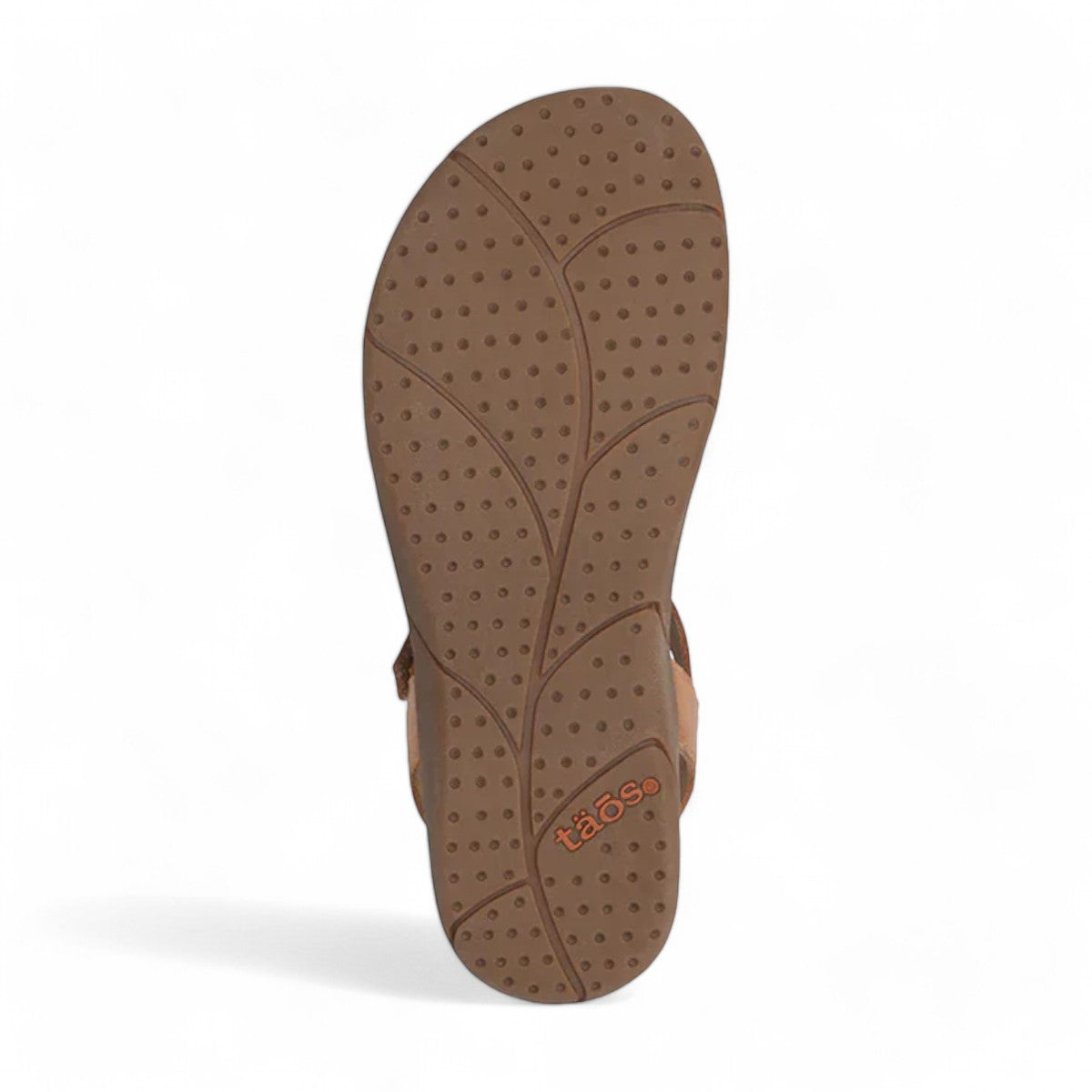 Taos Trophy 2 honey brown leather strappy sandal with adjustable hook and loop closures. Photo of bottom view.