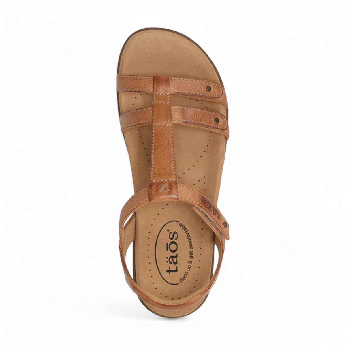 Taos Trophy 2 honey brown leather strappy sandal with adjustable hook and loop closures. Photo of upper view.