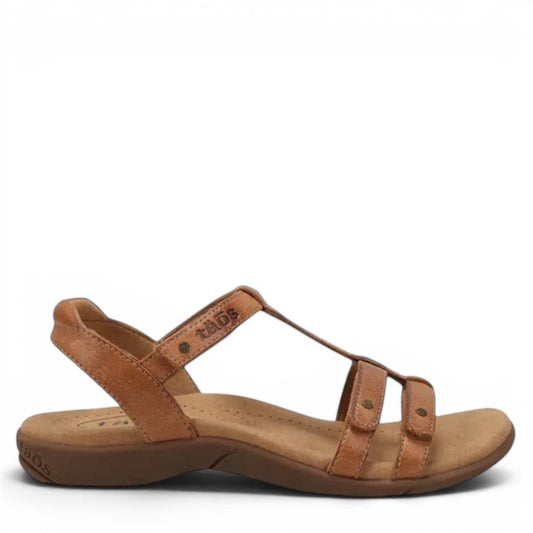 Taos Trophy 2 honey brown leather strappy sandal with adjustable hook and loop closures. Photo of side view.