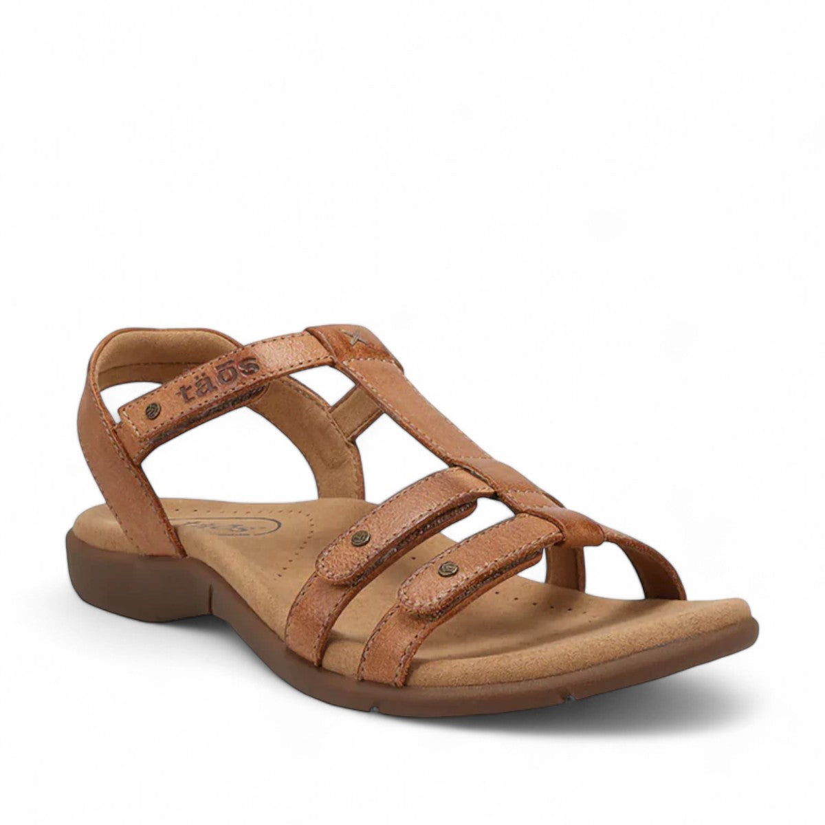 Taos Trophy 2 honey brown leather strappy sandal with adjustable hook and loop closures. Photo of front view.