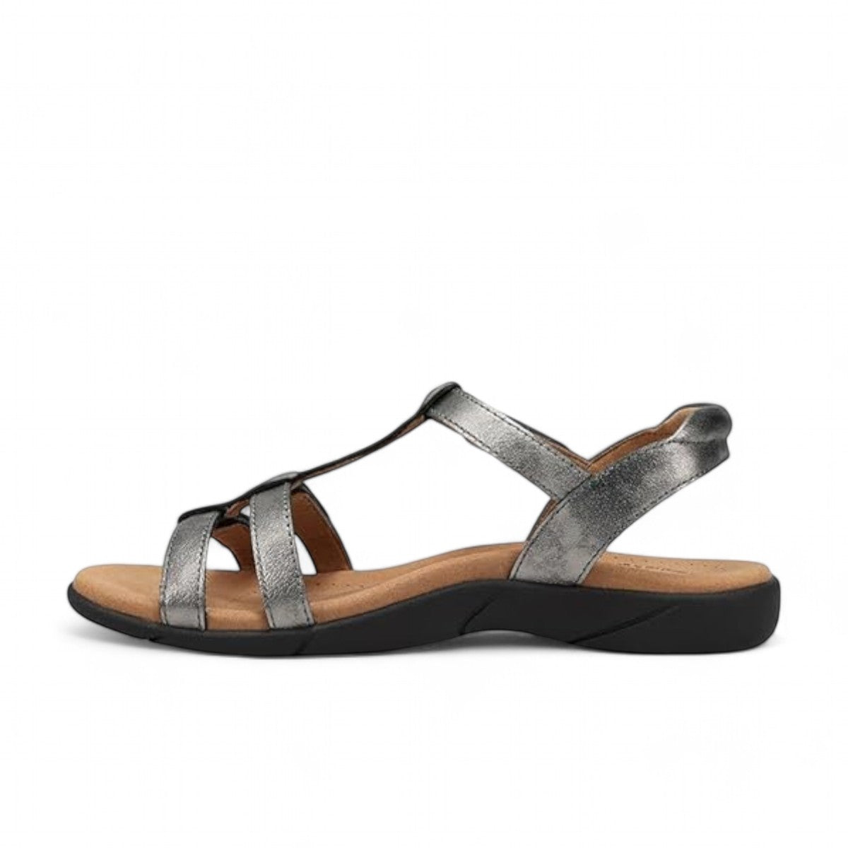 Taos Trophy 2 pewter leather strappy sandal with adjustable hook and loop straps and cushioned foot bed. Photo of inside side view.