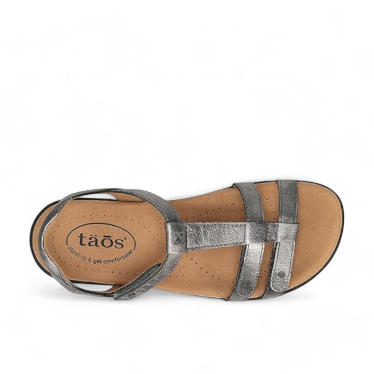 Taos Trophy 2 pewter leather strappy sandal with adjustable hook and loop straps and cushioned foot bed. Photo of upper view.