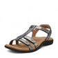 Taos Trophy 2 pewter leather strappy sandal with adjustable hook and loop straps and cushioned foot bed. Photo of front view 2.
