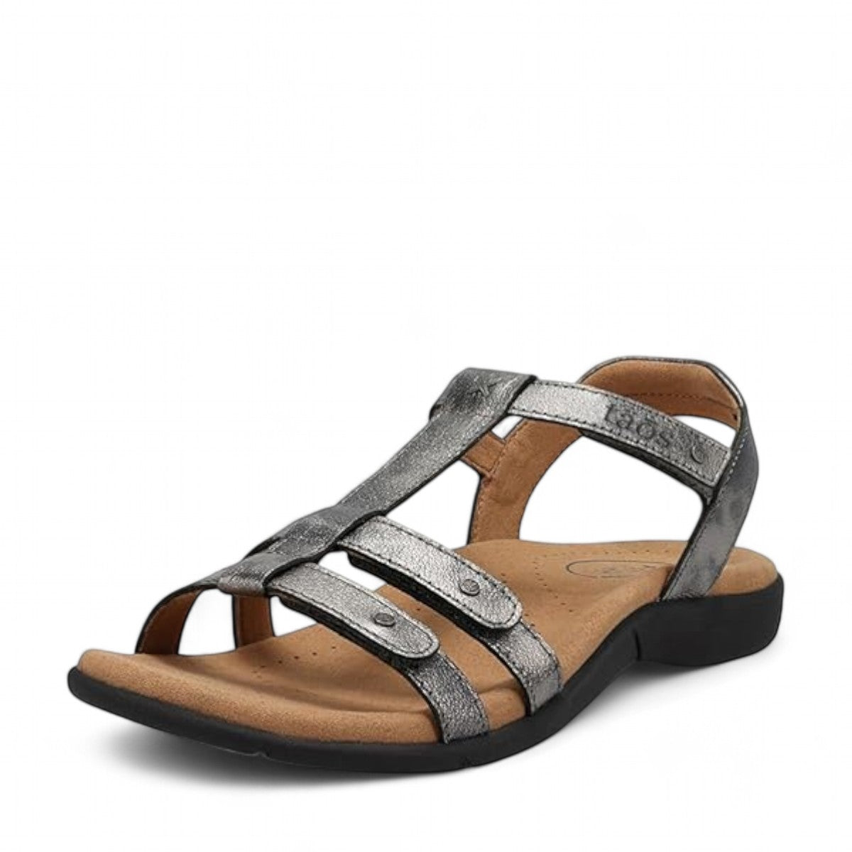 Taos Trophy 2 pewter leather strappy sandal with adjustable hook and loop straps and cushioned foot bed. Photo of front view 2.