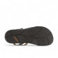 Taos Trophy 2 pewter leather strappy sandal with adjustable hook and loop straps and cushioned foot bed. Photo of bottom view.