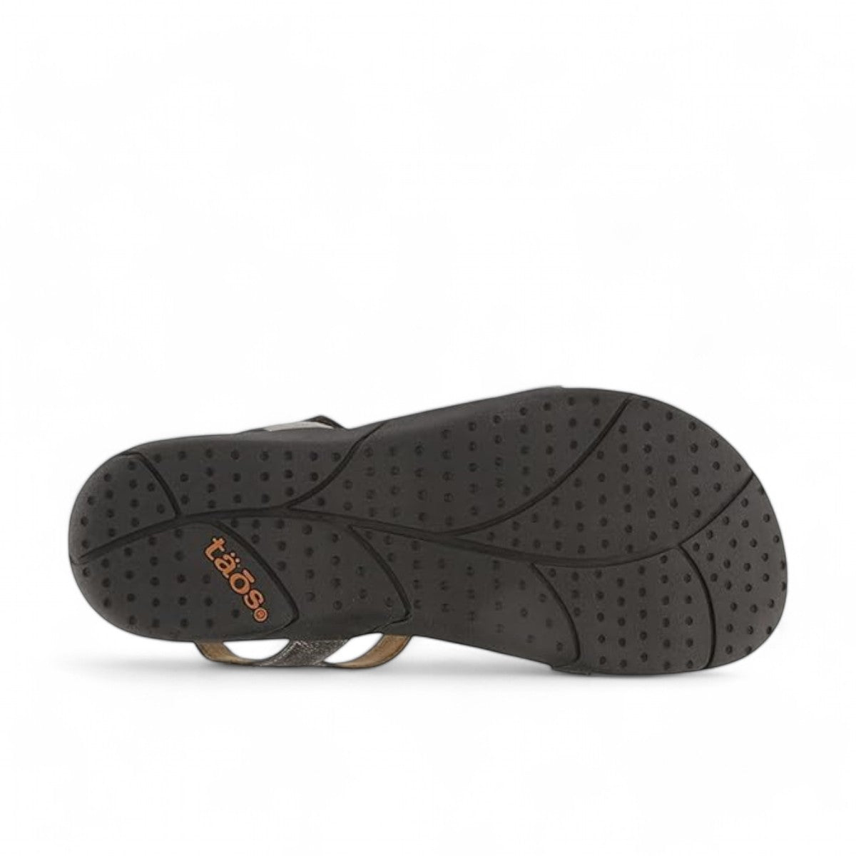 Taos Trophy 2 pewter leather strappy sandal with adjustable hook and loop straps and cushioned foot bed. Photo of bottom view.