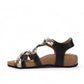 Taos Trulie L.E. black multi woven adjustable sandal with cork foot bed and arch support. Photo of inside side view.
