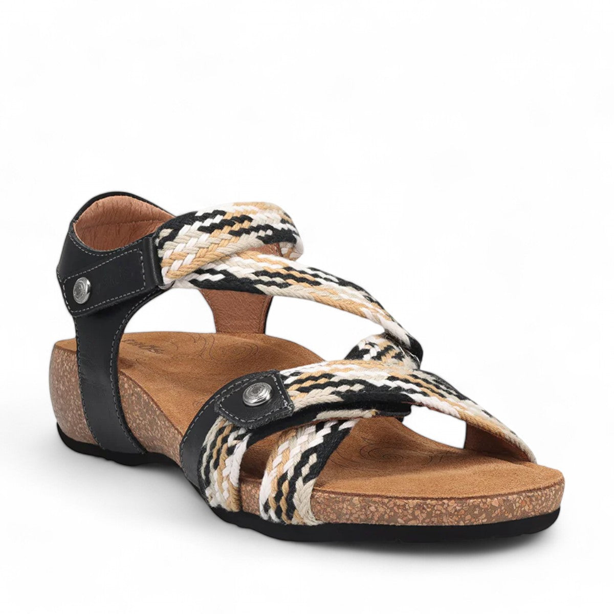 Taos Trulie L.E. black multi woven adjustable sandal with cork foot bed and arch support. Photo of front view.
